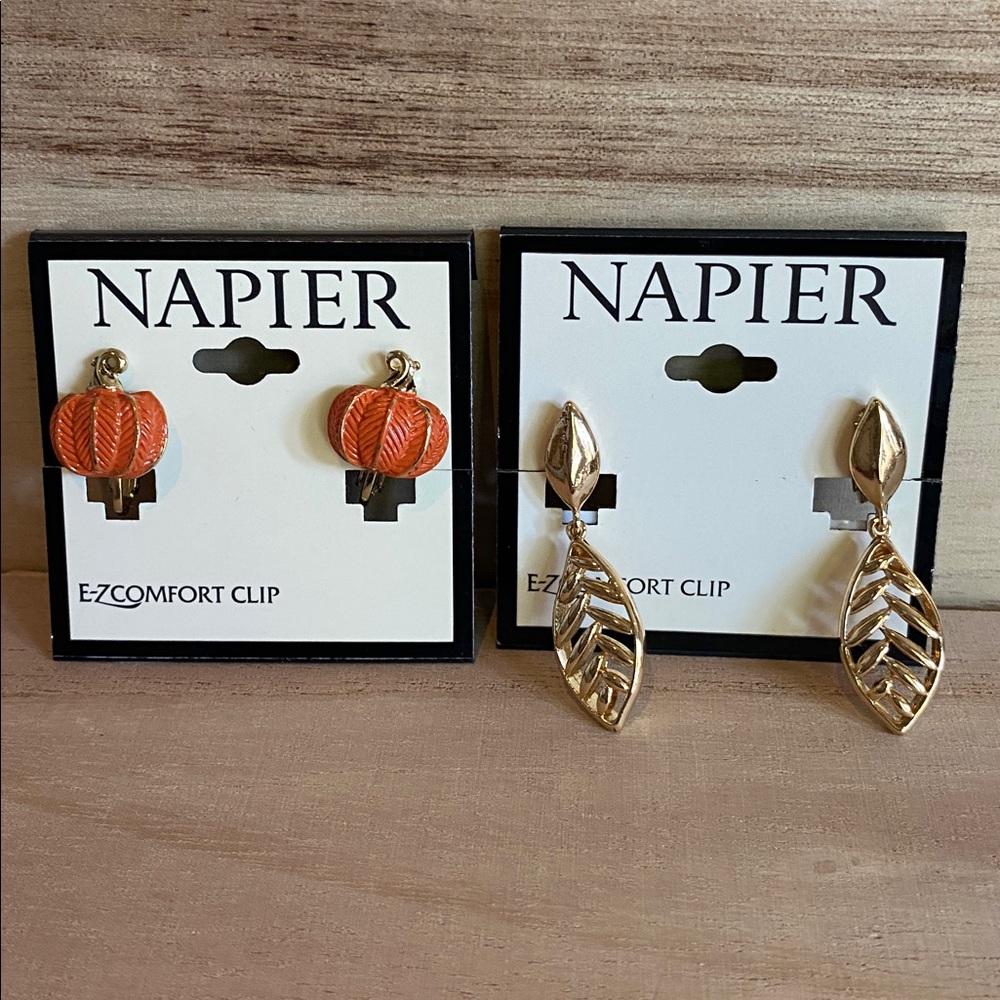 Napier Autumn Gold and Orange Leaf and Pumpkin Clip on Earrings Duo